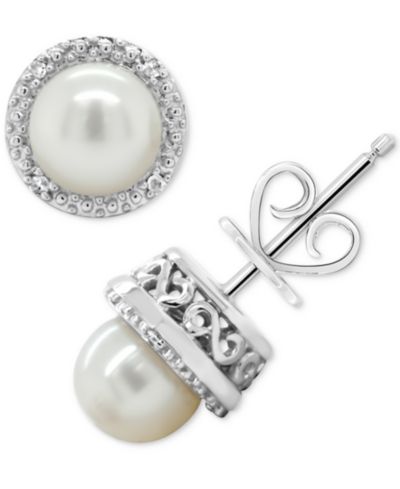 Серьги-гвоздики Cultured Freshwater Pearl & Diamond Accent в стерлинговом серебре