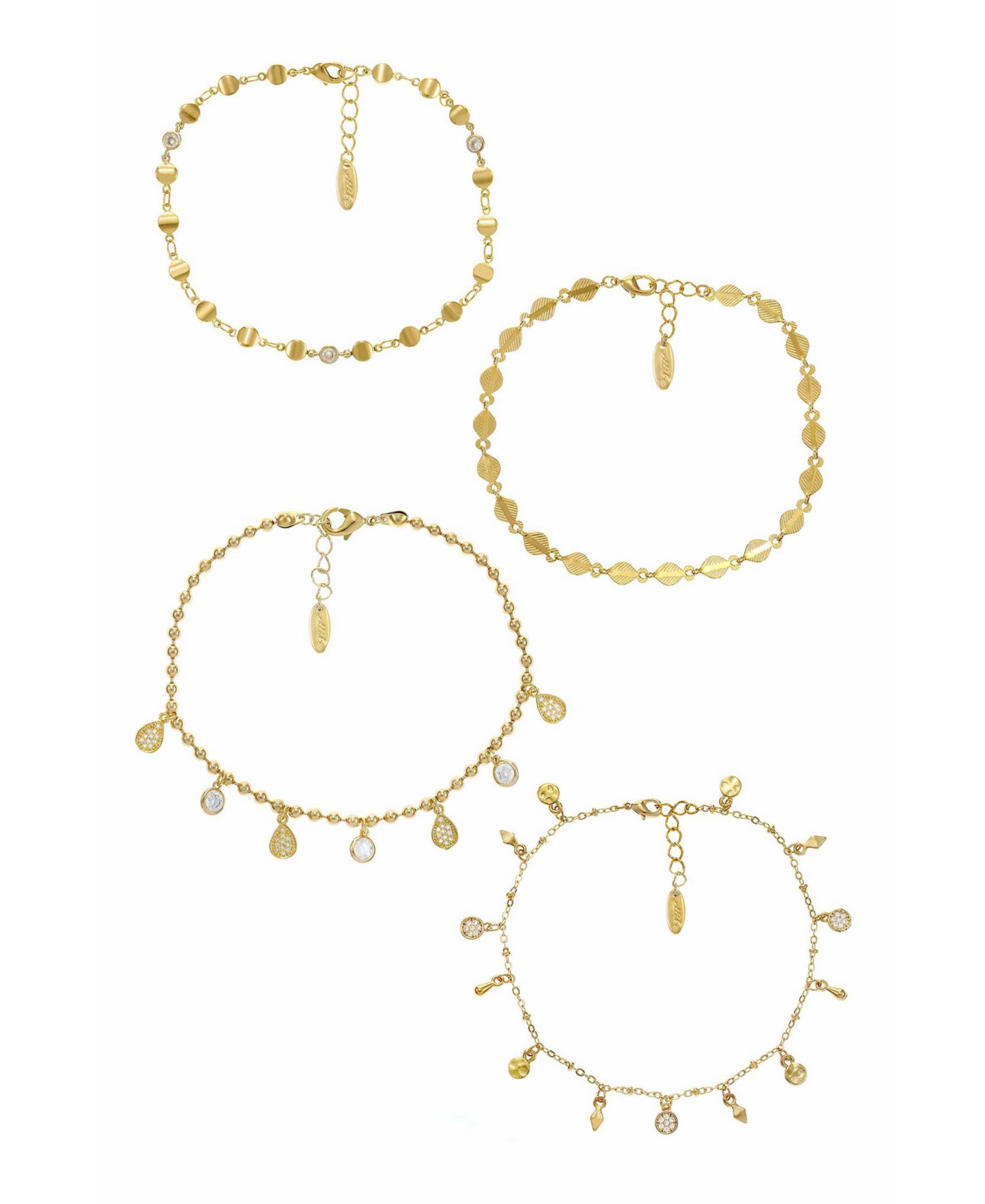 ETTIKA 18k Gold-Plated 4-Pc. Set Cubic Zirconia Charm & Link Ankle Bracelets