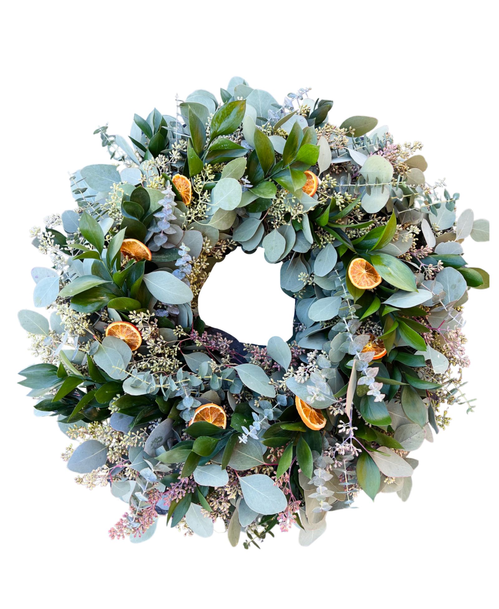 Венок GreenishBlu Eucalyptus, Ruscus, Baby Blue Eucalyptus and Oranges, 20"
