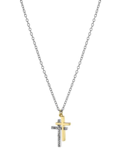 Giani Bernini Cubic Zirconia Double Cross Pendant Necklace in Sterling Silver & Gold-Plate, 16" + 2" extender, Created for Macy's