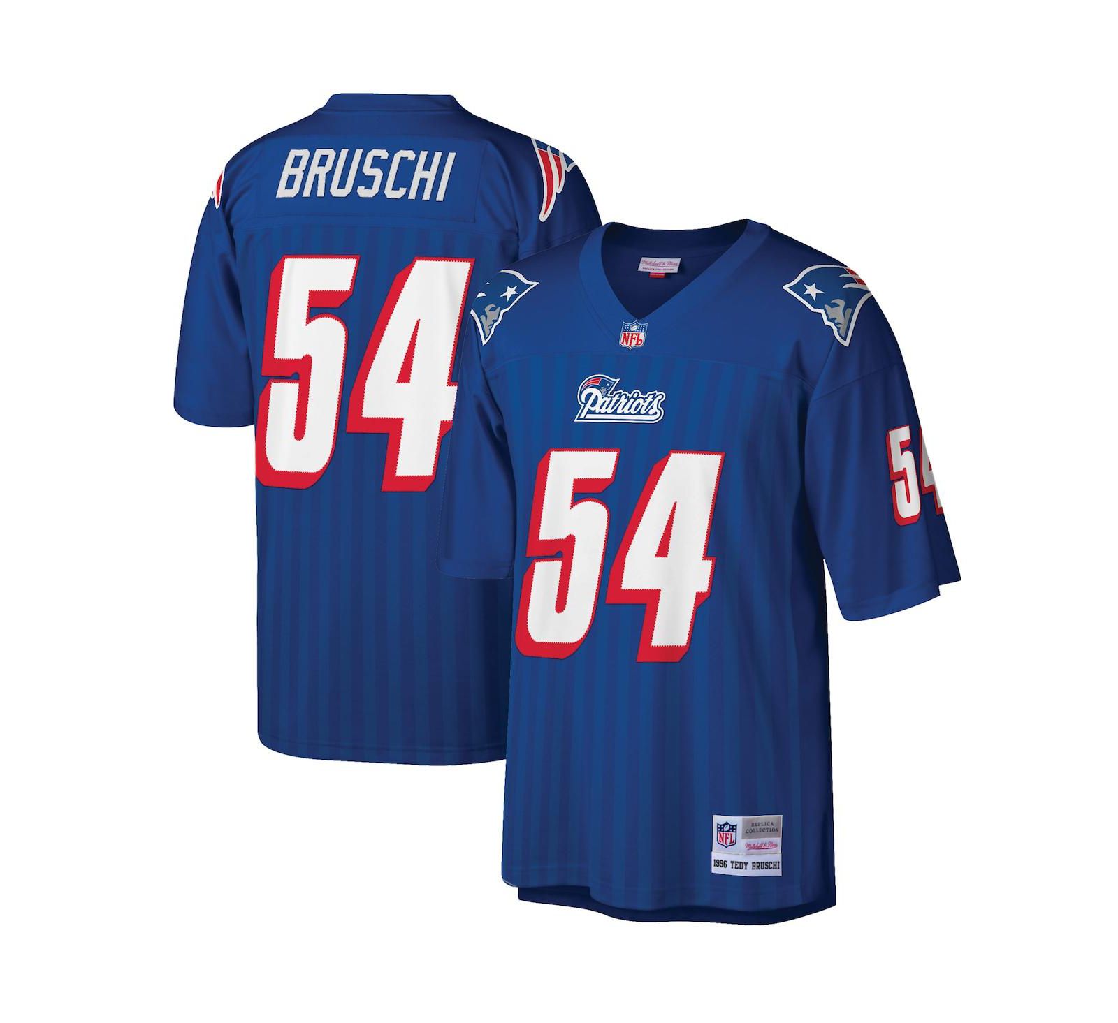 Мужская джерси Mitchell & Ness Tedy Bruschi Royal New England Patriots Big and Tall 1996 Retired Player Replica Jersey