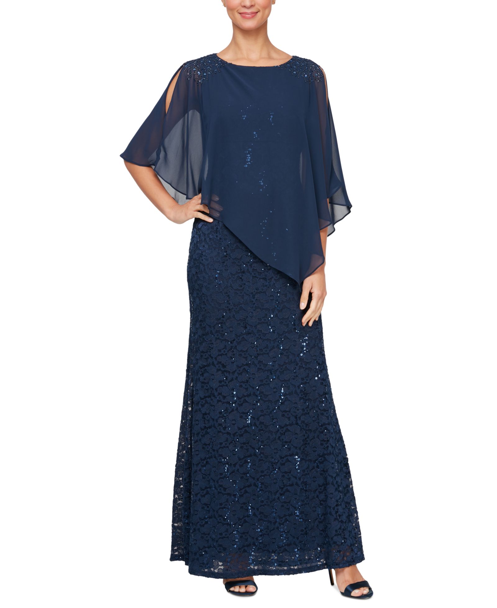 SL Fashions Women's Sequin Lace Chiffon Caplet Gown