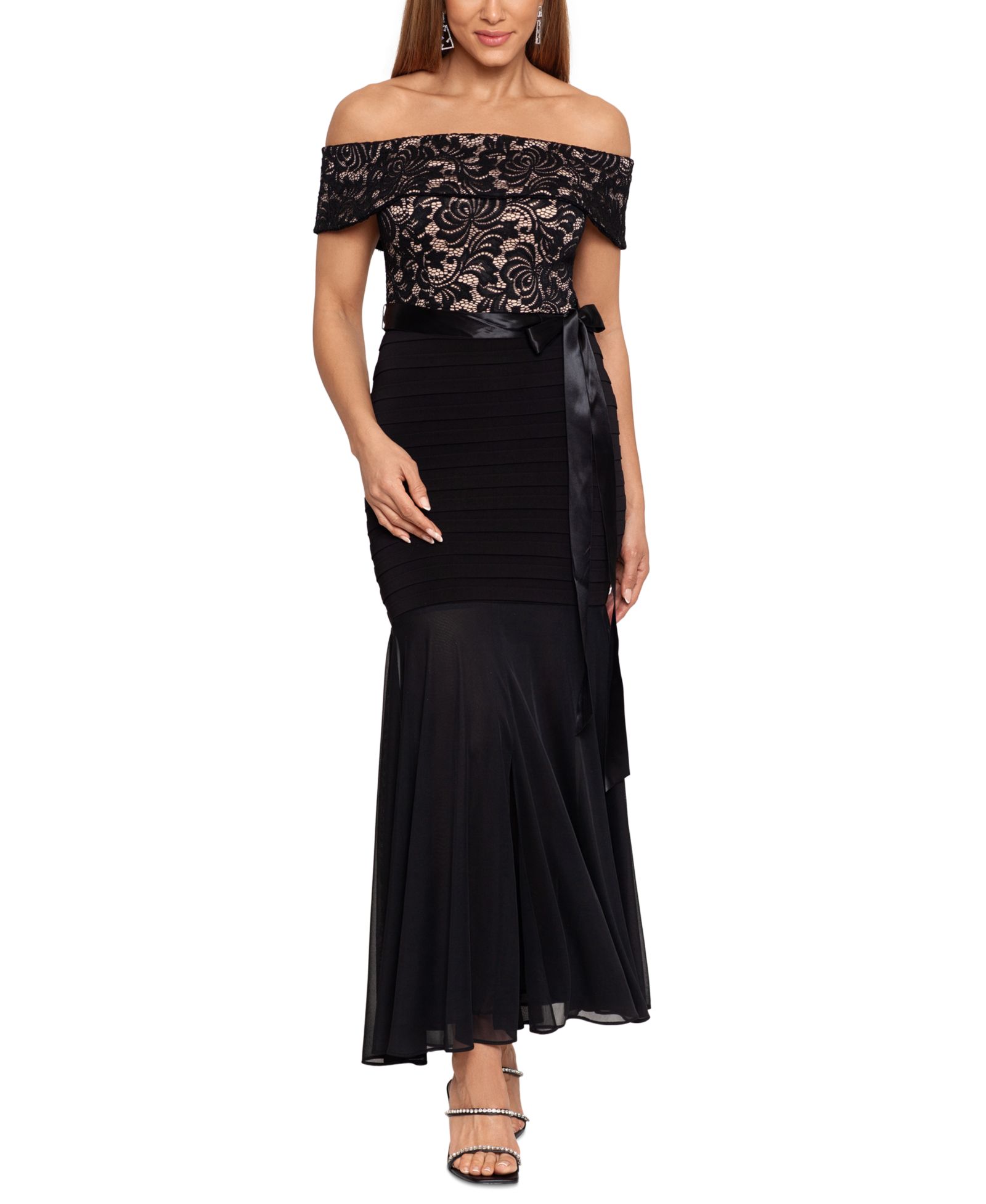 Платье Betsy & Adam Petite Lace-Top Off-The-Shoulder Gown