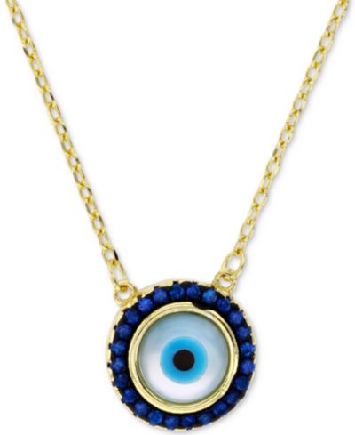 Подвеска Macy's Cubic Zirconia & Enamel Evil Eye Halo, 16" + 1" extender в позолоченном серебре 14k Gold-Plated Sterling Silver