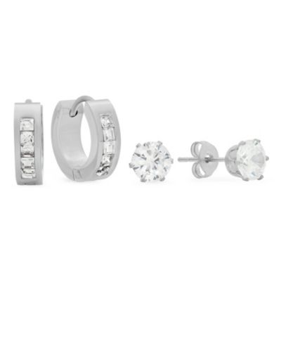 STEELTIME Women's Stainless Steel 2 Pieces Simulated Diamond Stud and Simulated Diamond Huggie Earrings Set