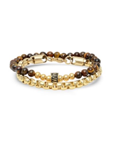 STEELTIME Men's 2 Pieces 18k Gold Plated Stainless Steel Rounded Box Chain Bracelet and Tiger Eye Beaded Bracelet Set