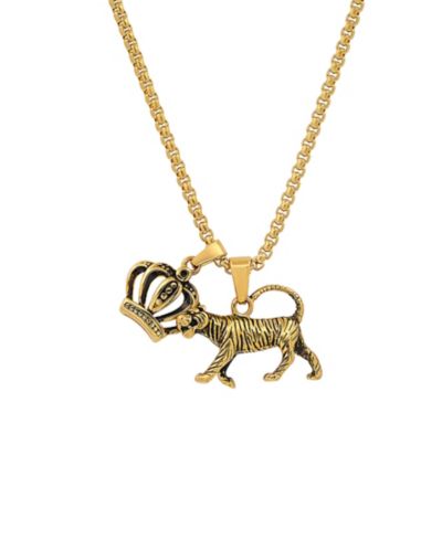 STEELTIME Men's 18k Gold Plated Stainless Steel Tiger and Crown Pendant Necklaces