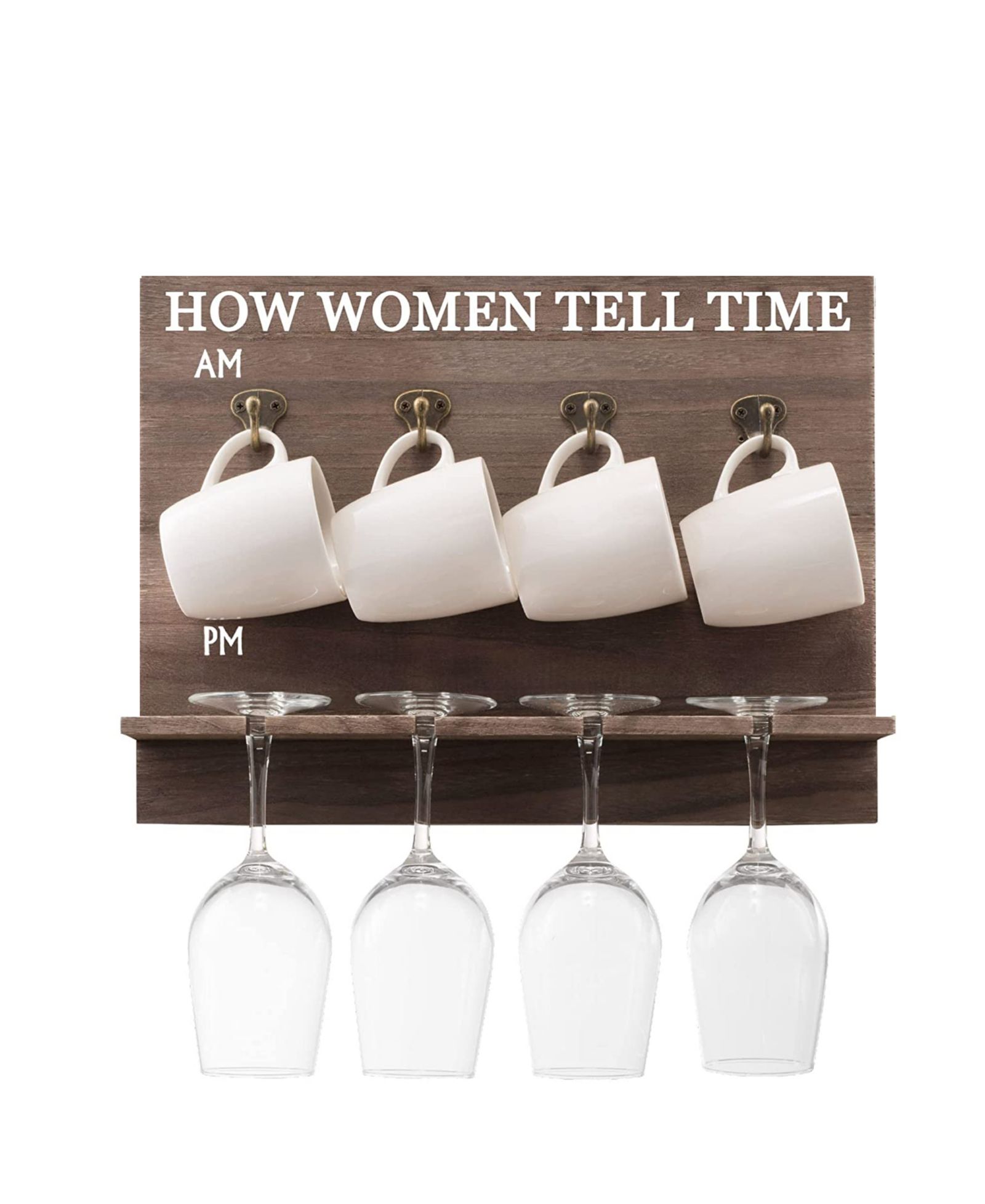 How Women Tell Time Wall Mounted Wine Rack with Wine Glasses and Coffee Mugs, Set of 9