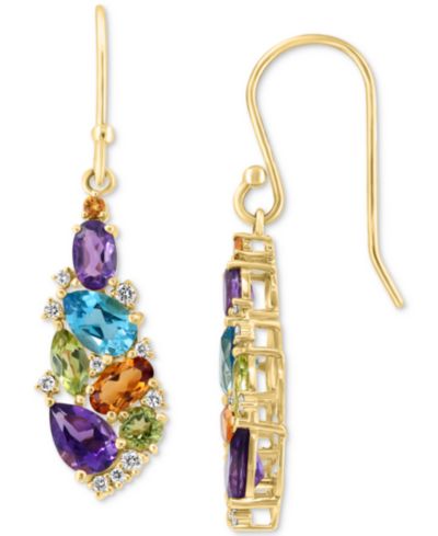 Серьги-подвески EFFY® Multi-Gemstone (3 ct. t.w.) & Diamond (1/8 ct. t.w.) Teardrop Cluster Drop в 14k Gold