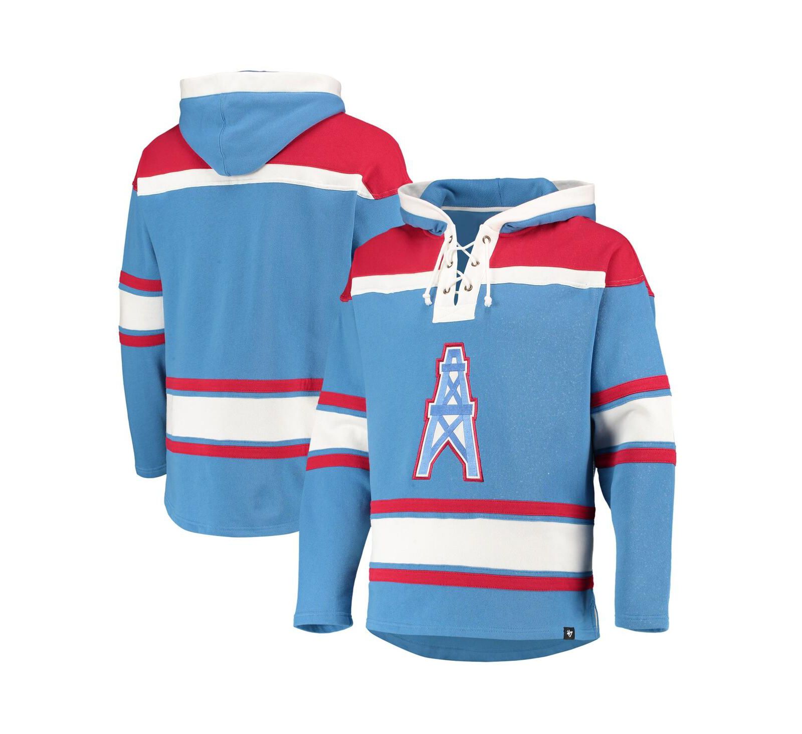 Men's '47 Powder Blue, Red Houston Oilers Lacer V-Neck Pullover Hoodie