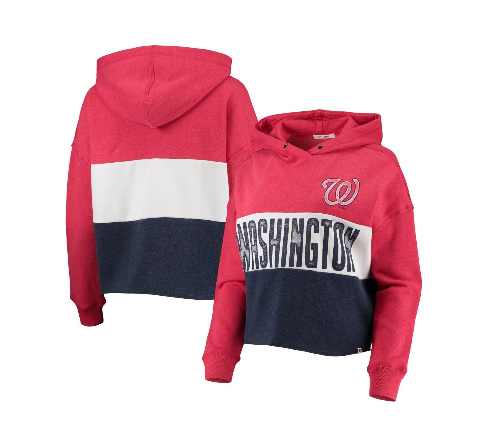 Women's '47 Heathered Red and Heathered Navy Washington Nationals Lizzy Cropped Pullover Hoodie