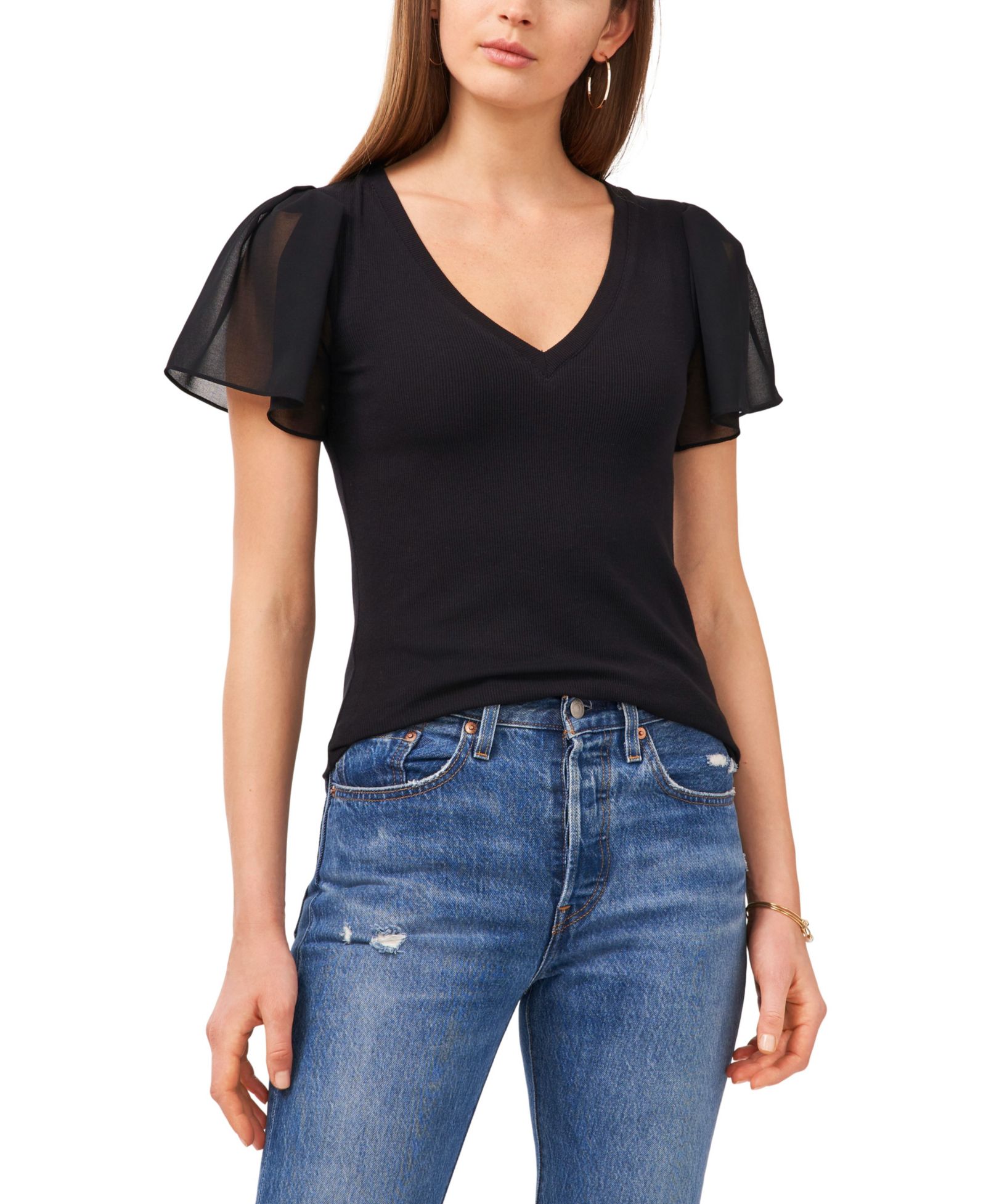 1.STATE Women's Flutter Short Sleeve V-Neck Knit Top