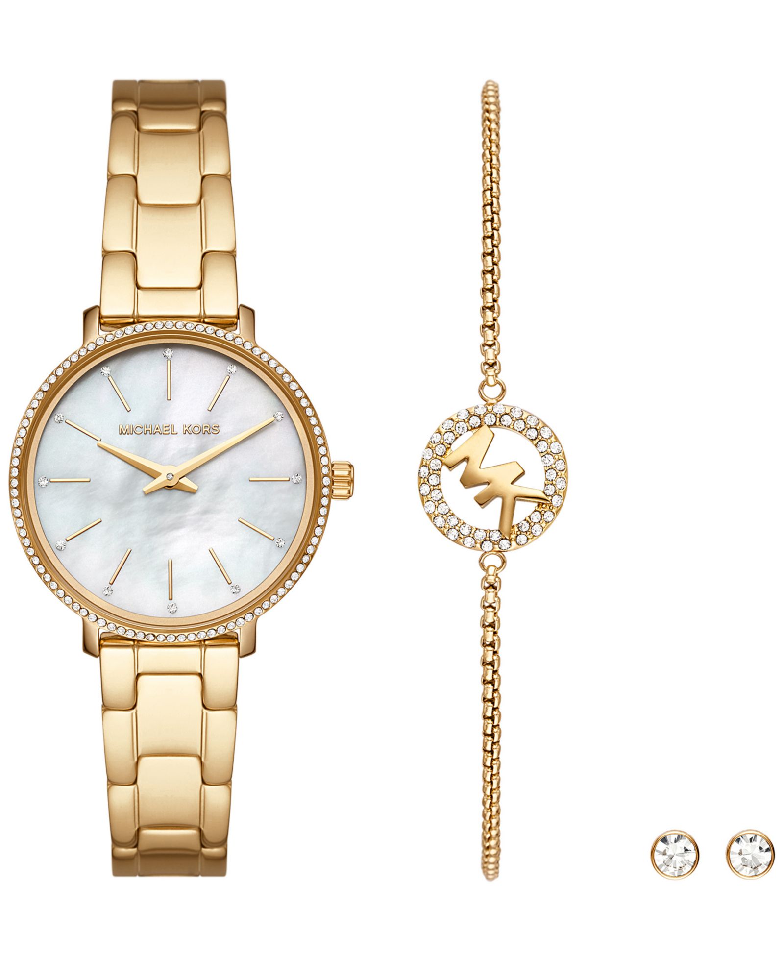 Комплект из часов и сережек Michael Kors Women's Pyper Two-Hand Gold-Tone Stainless Steel Bracelet Watch 32mm and Earrings, 3 Pieces