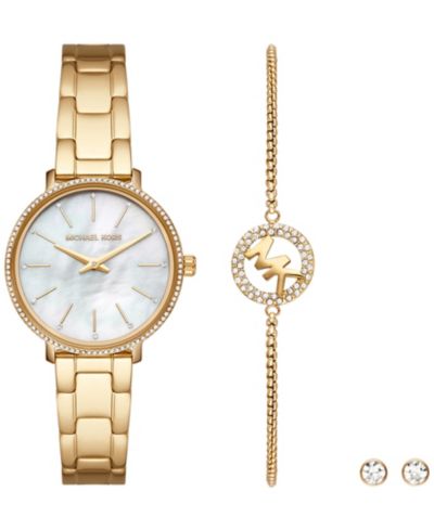 Комплект из часов и сережек Michael Kors Women's Pyper Two-Hand Gold-Tone Stainless Steel Bracelet Watch 32mm and Earrings, 3 Pieces