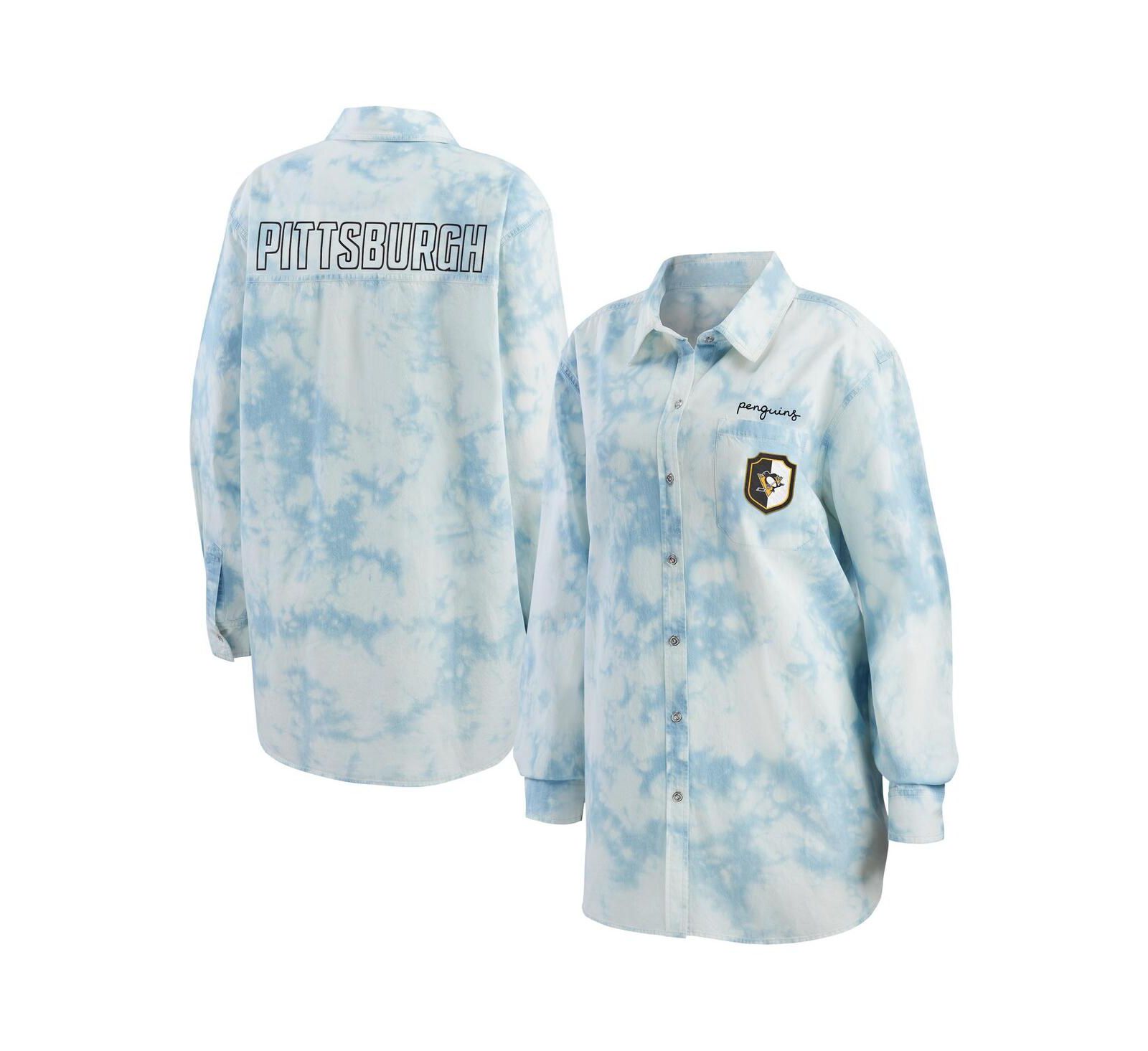Женская джинсовая рубашка WEAR by Erin Andrews White Pittsburgh Penguins Oversized Tie-Dye Button-Up