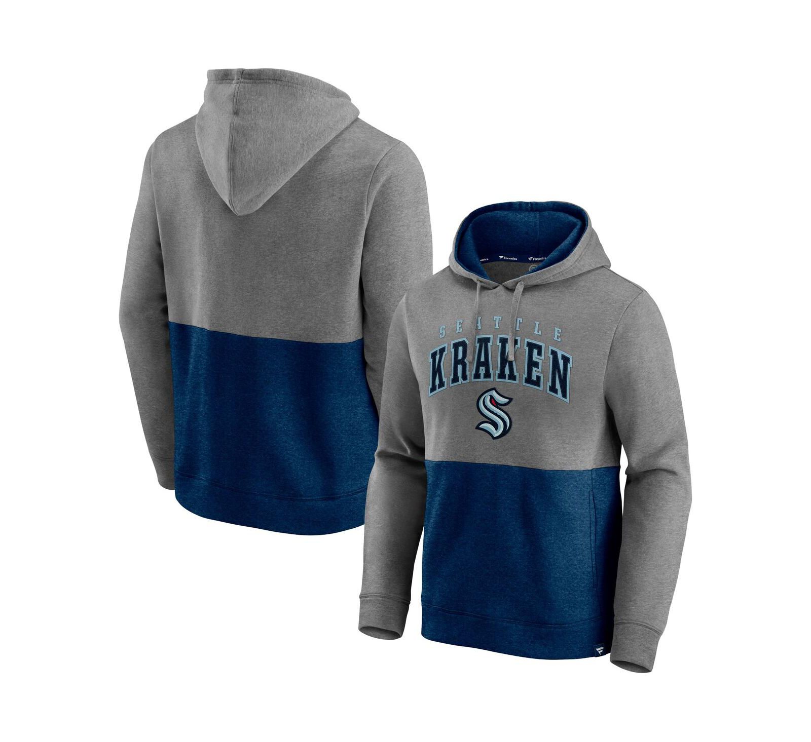 Men's Fanatics Heathered Gray, Deep Sea Blue Seattle Kraken Block Party Classic Arch Signature Pullover Hoodie