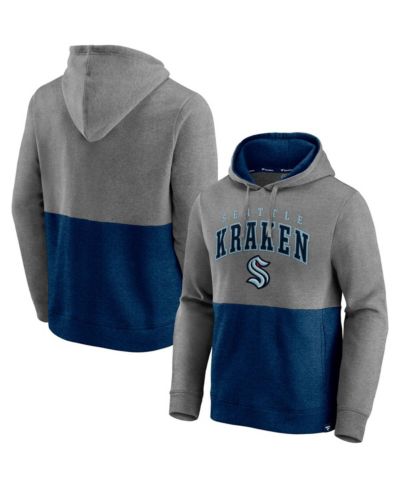 Men's Fanatics Heathered Gray, Deep Sea Blue Seattle Kraken Block Party Classic Arch Signature Pullover Hoodie