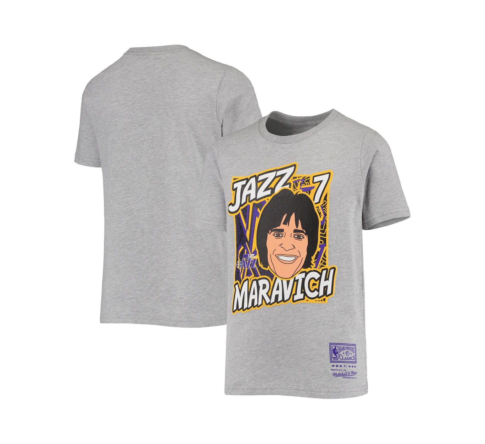 Детская футболка Mitchell & Ness Pete Maravich New Orleans Jazz Hardwood Classics King of the Court Heathered Gray