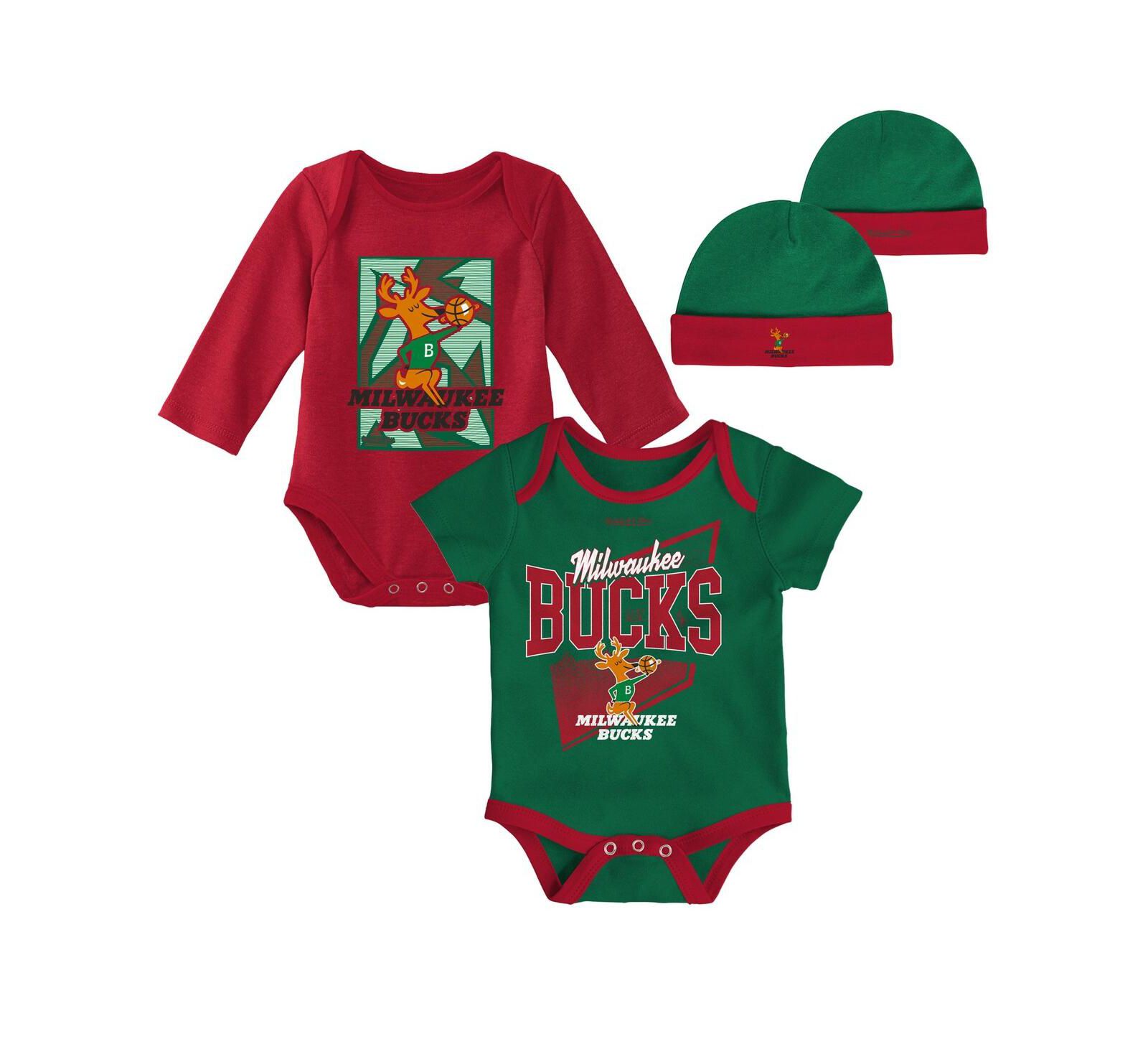 Infant Boys and Girls Mitchell & Ness Hunter Green, Red Milwaukee Bucks Hardwood Classics Bodysuits and Cuffed Knit Hat Set