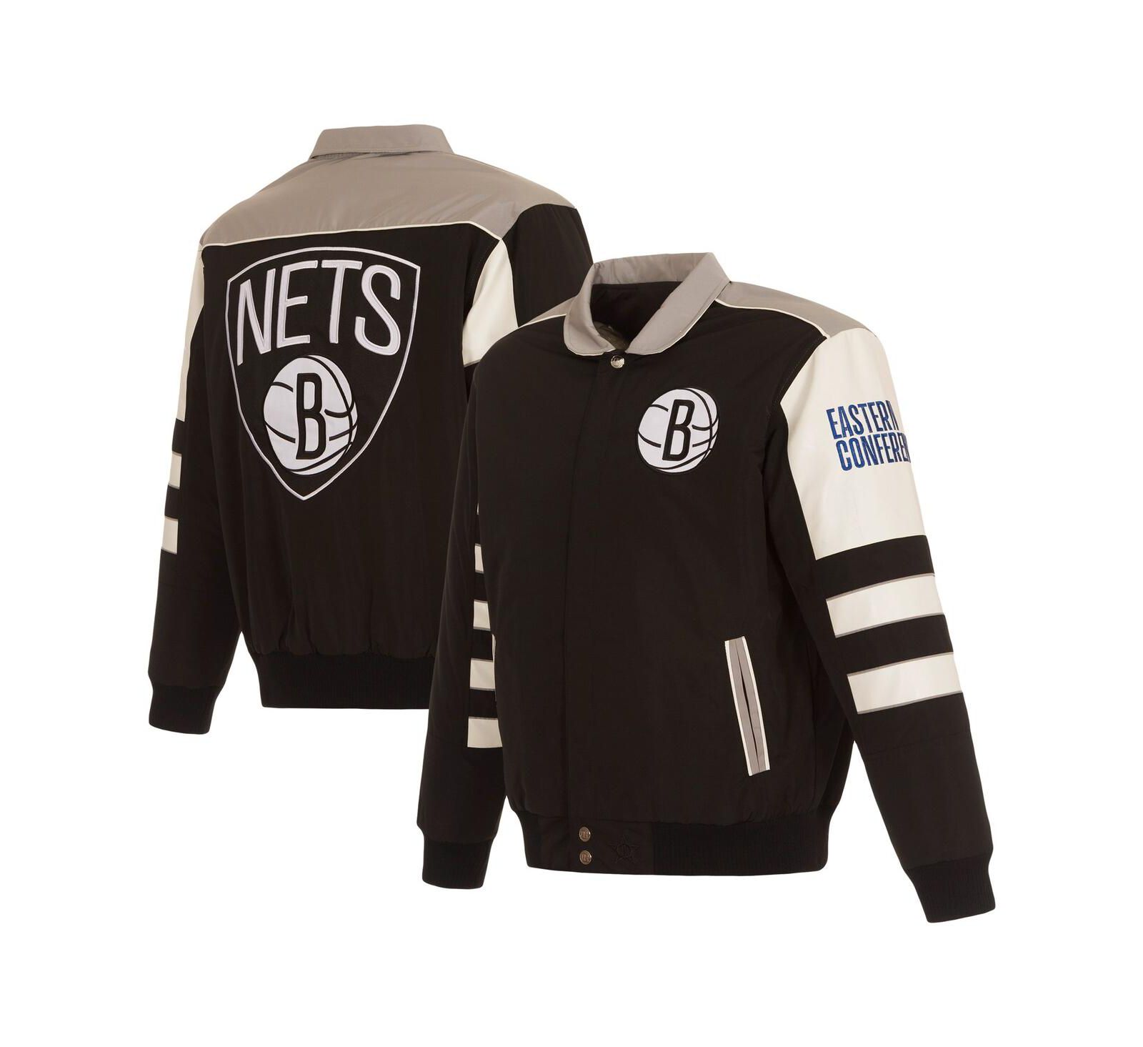 Men's JH Design Black Brooklyn Nets Stripe Colorblock Nylon Reversible Full-Snap Jacket