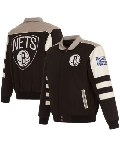 Men's JH Design Black Brooklyn Nets Stripe Colorblock Nylon Reversible Full-Snap Jacket