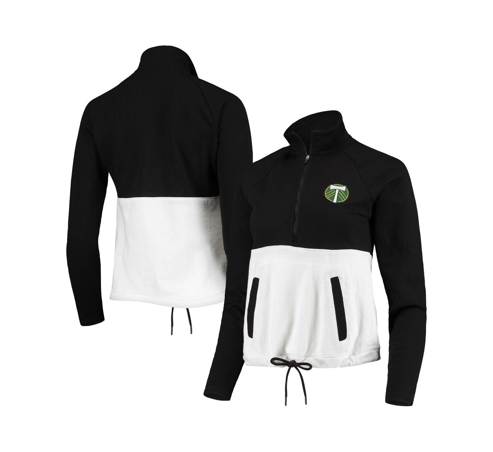 Women's Antigua Black, White Portland Timbers Harbor Raglan Half-Zip Jacket