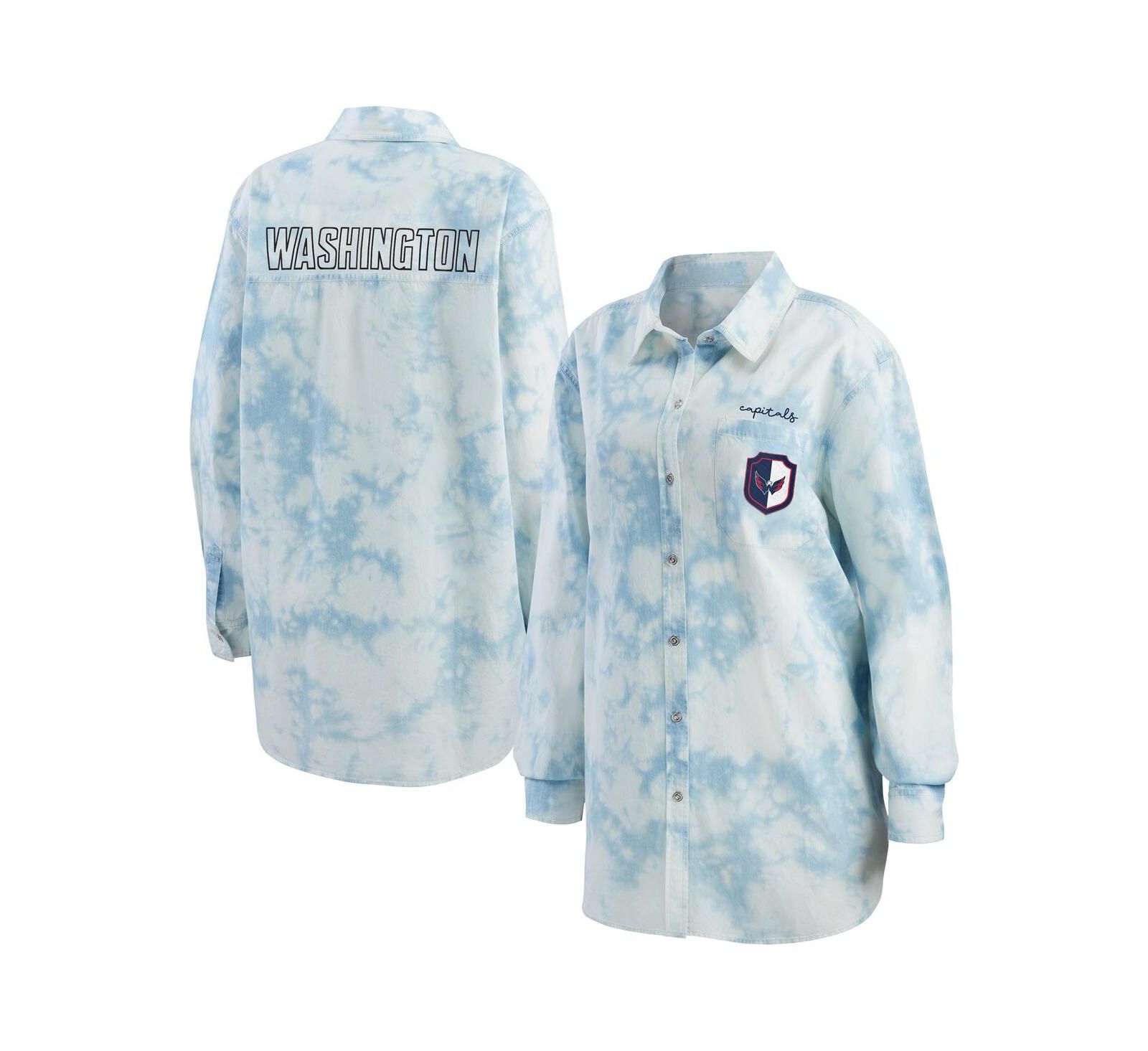 Женская джинсовая рубашка WEAR by Erin Andrews White Washington Capitals Oversized Tie-Dye Button-Up