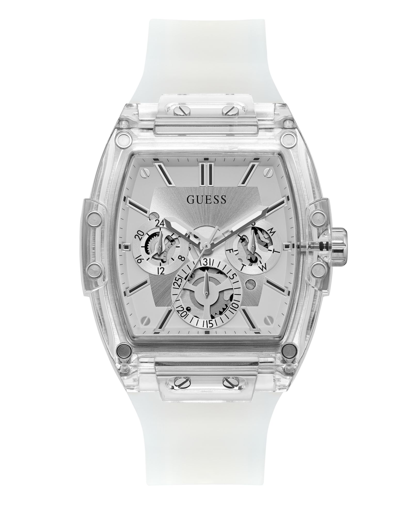 GUESS Men's Multi-Function Transparent and Silver-Tone Silicone Strap Watch 43mm