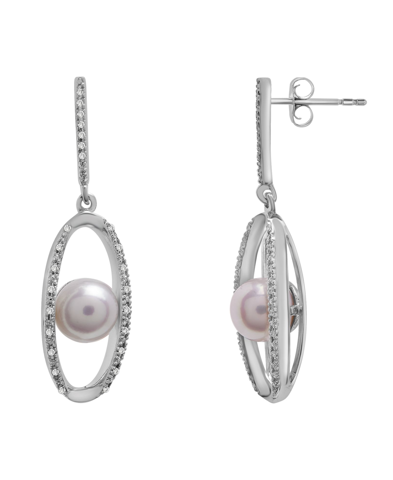 Серьги овальные с речным жемчугом (7mm) и бриллиантами (1/10 ct. tw.) в серебре