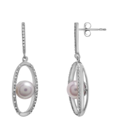 Серьги овальные с речным жемчугом (7mm) и бриллиантами (1/10 ct. tw.) в серебре