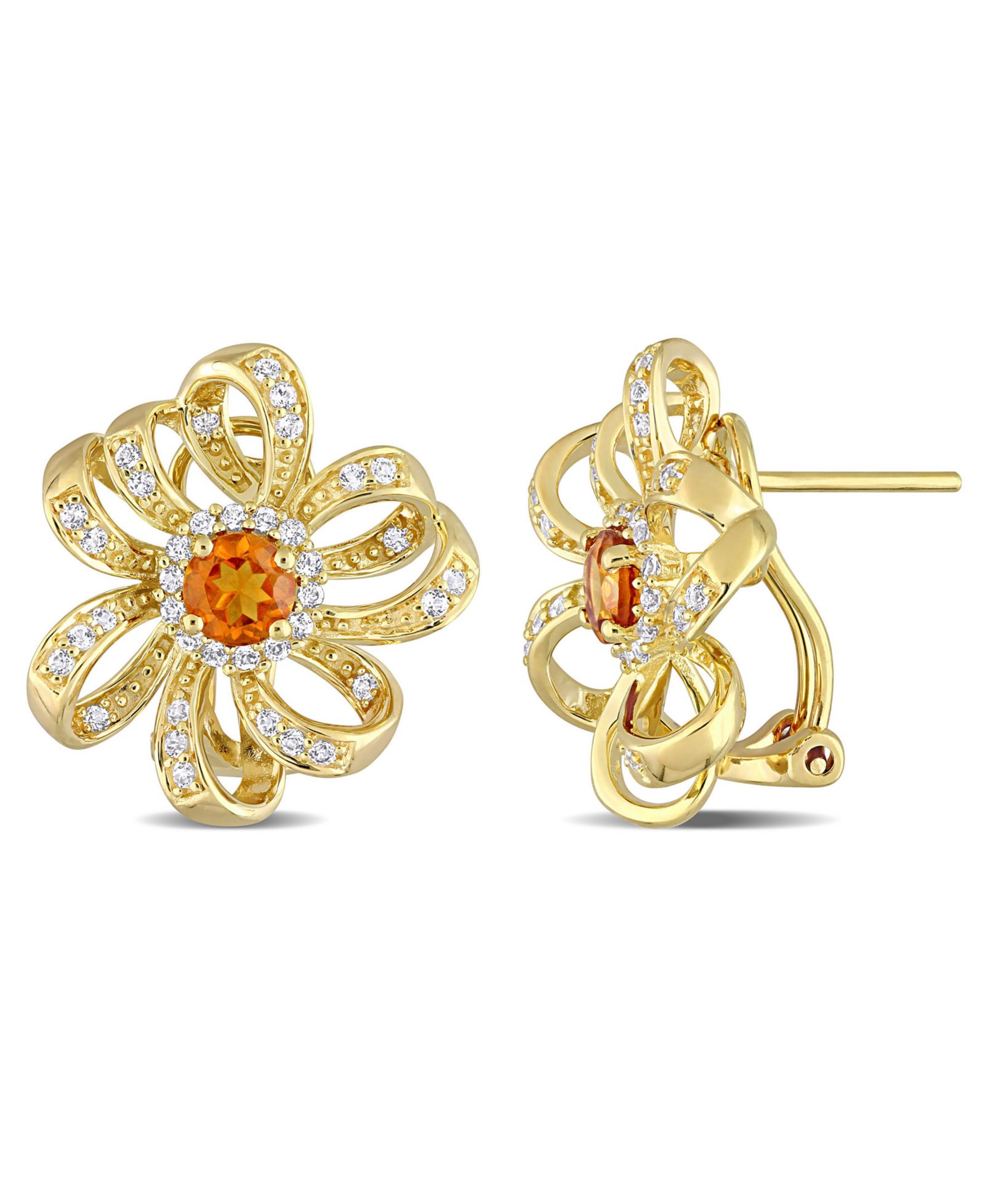 Серьги-цветы с цитрином (4/5 ct. t.w.) и белым топазом (3/4 ct. t.w.), позолоченное серебро 18k Gold Plated