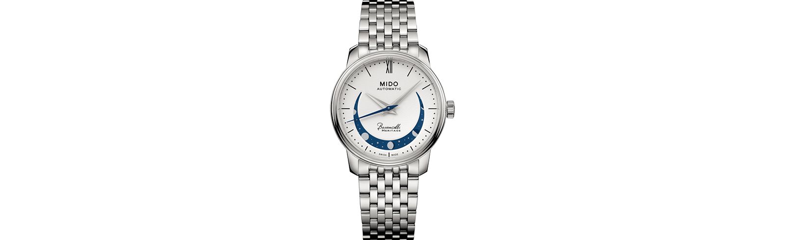 Mido Women's Swiss Automatic Baroncelli Smiling Moon Stainless Steel Bracelet Watch 33mm