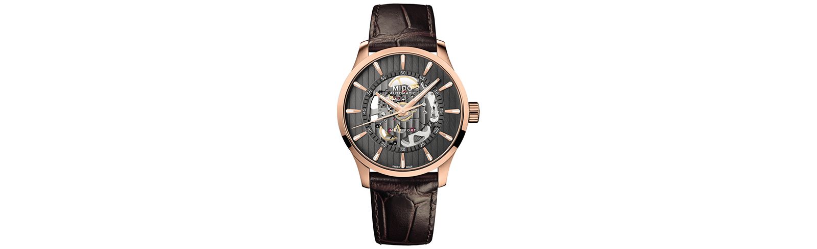 Mido Men's Swiss Automatic Multifort Skeleton Vertigo Brown Leather Strap Watch 42mm