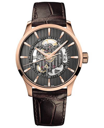 Mido Men's Swiss Automatic Multifort Skeleton Vertigo Brown Leather Strap Watch 42mm