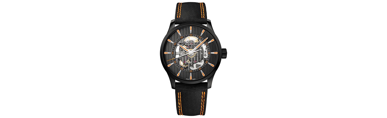 Mido Men's Swiss Automatic Multifort Skeleton Vertigo Black and Orange Fabric Strap Watch 42mm