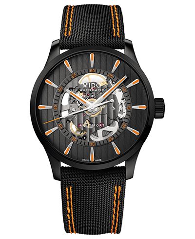 Mido Men's Swiss Automatic Multifort Skeleton Vertigo Black and Orange Fabric Strap Watch 42mm