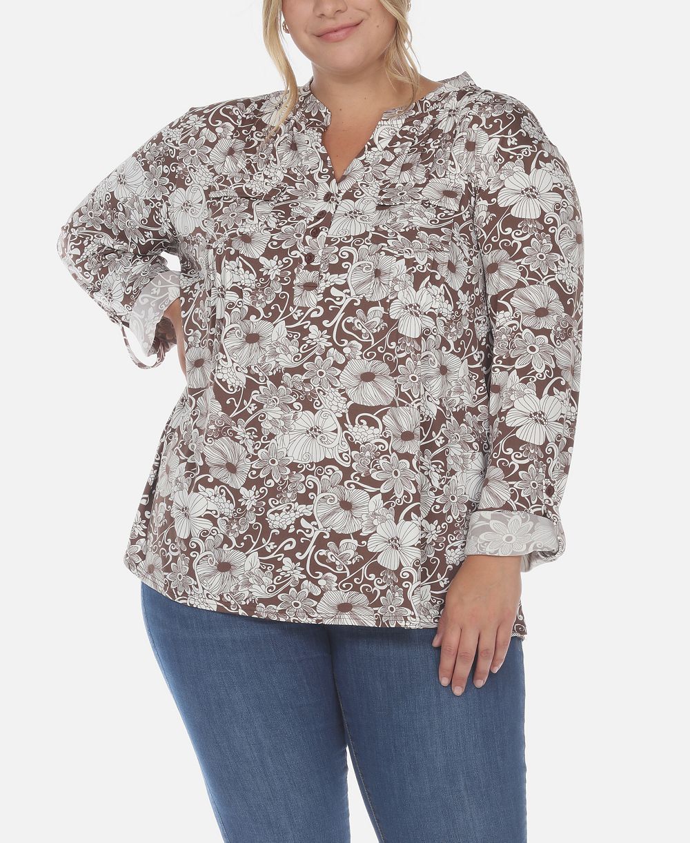 White Mark Plus Size Pleated Long Sleeve Floral Print Blouse