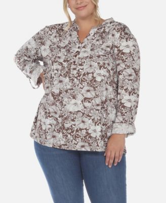 White Mark Plus Size Pleated Long Sleeve Floral Print Blouse