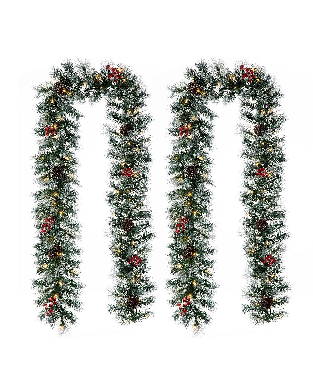 Glitzhome 9' Pre-Lit Greenery Pine Cones and Berries Christmas Garland, with 50 Warm White Lights Set, 2 Piece