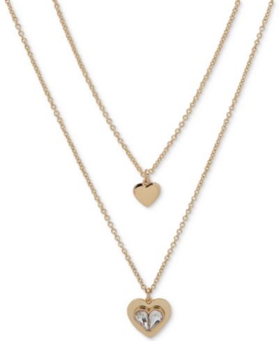 DKNY Gold-Tone Crystal Heart Layered Pendant Necklace, 16" + 3" extender