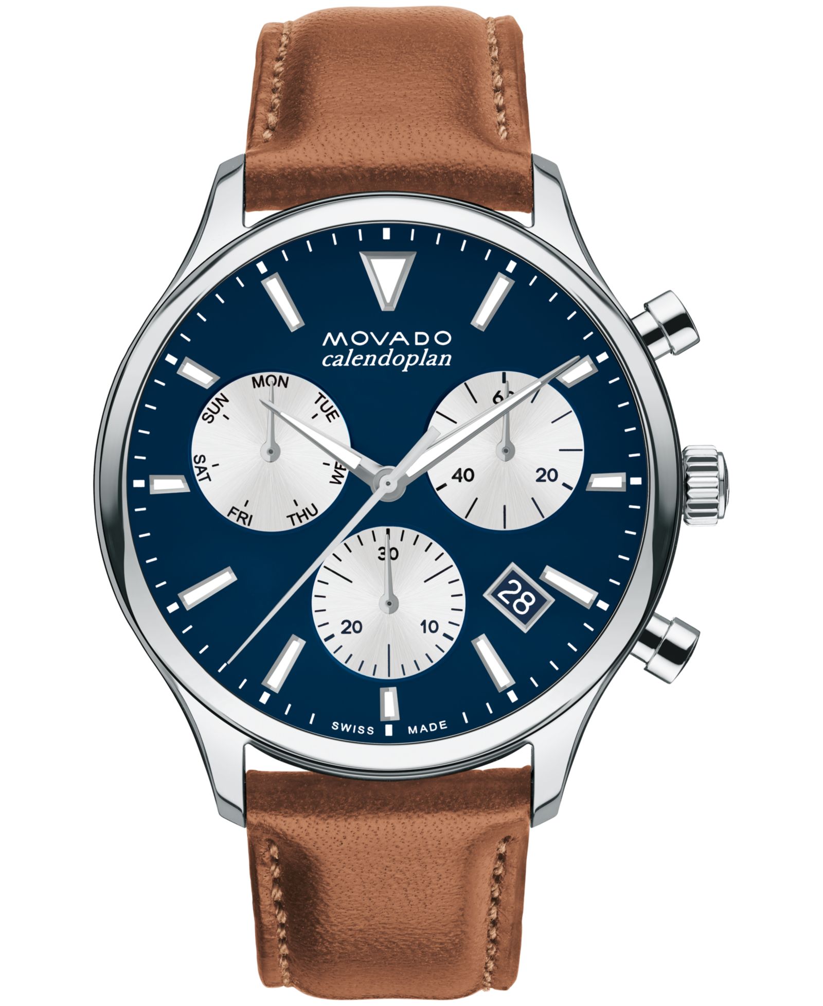 Movado Мужские часы Calendoplan с кожаным ремешком цвета коньяк, 43mm