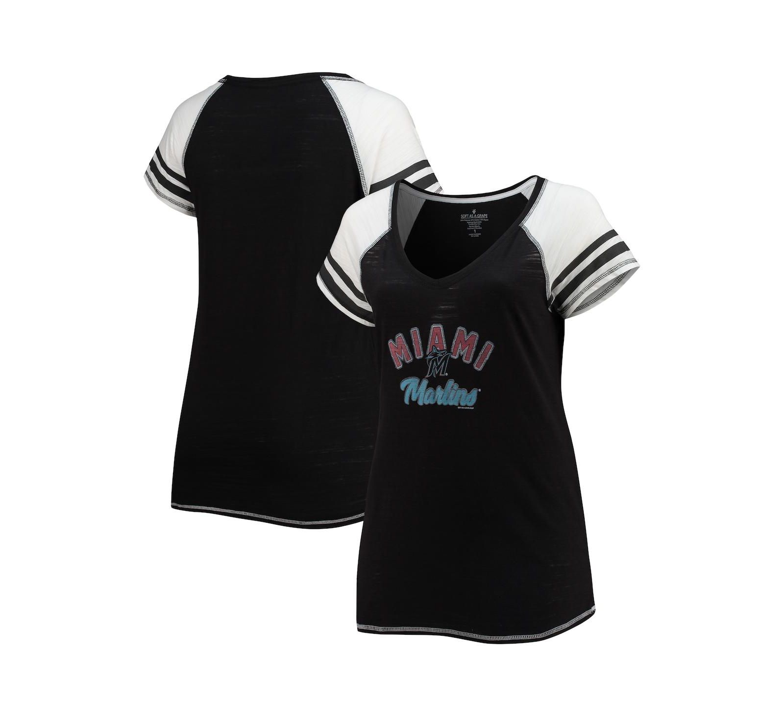 Женская футболка Soft as a Grape Miami Marlins, V-образный вырез, черный Raglan