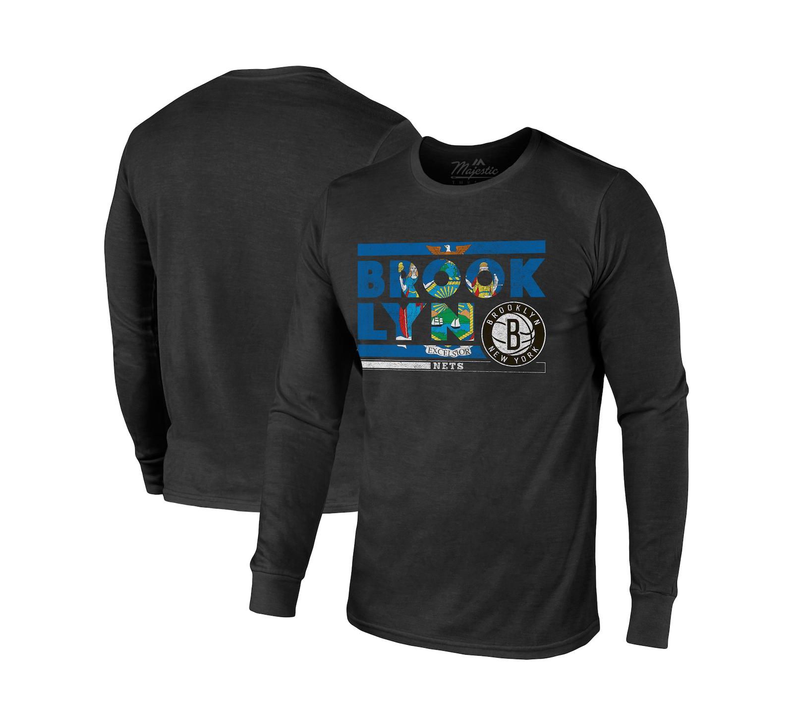 Футболка Men's Majestic Threads Black Brooklyn Nets City and State Tri-Blend Long Sleeve T-shirt