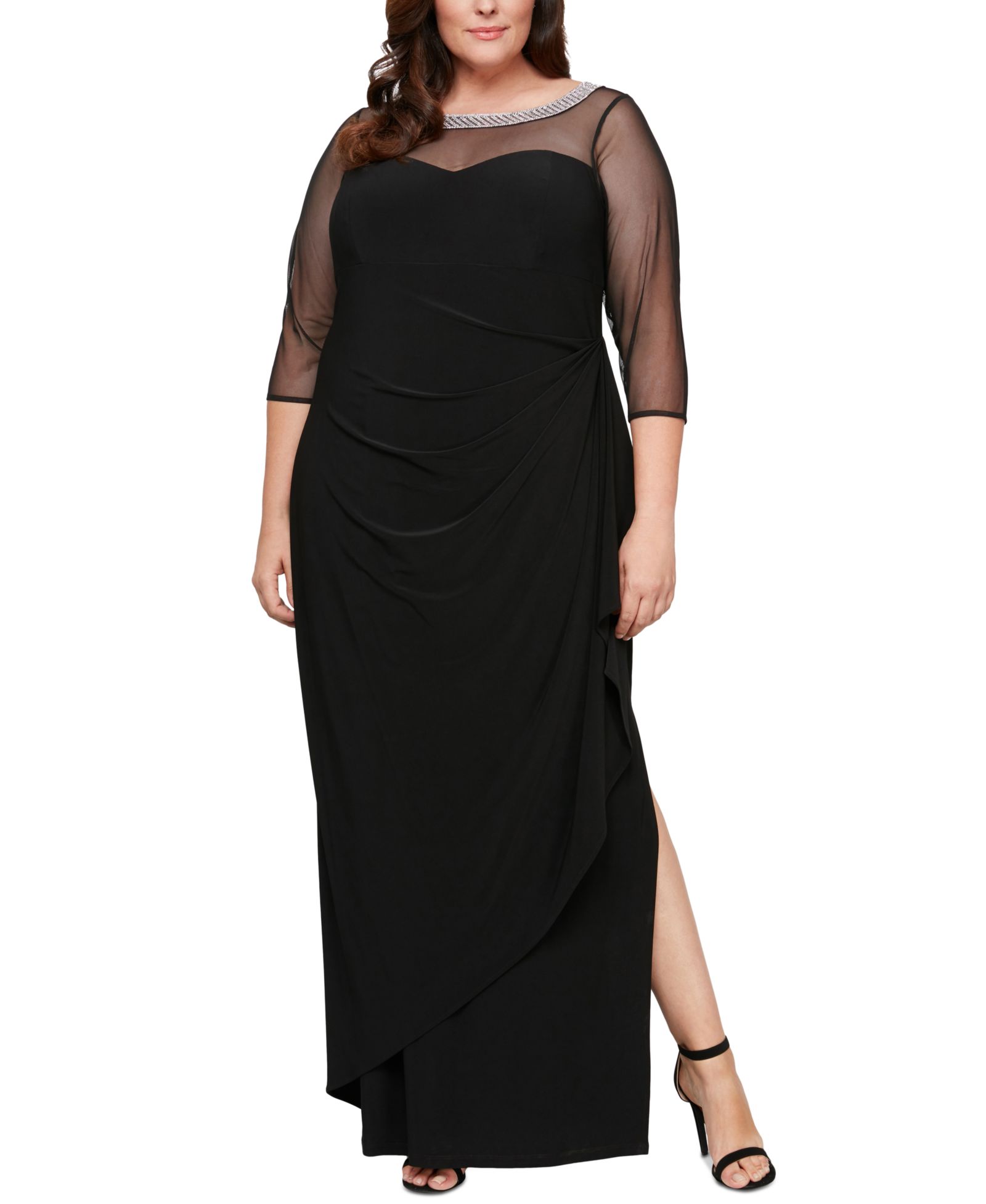 Alex Evenings Plus Size Embellished-Neck Side-Ruched Illusion Dress