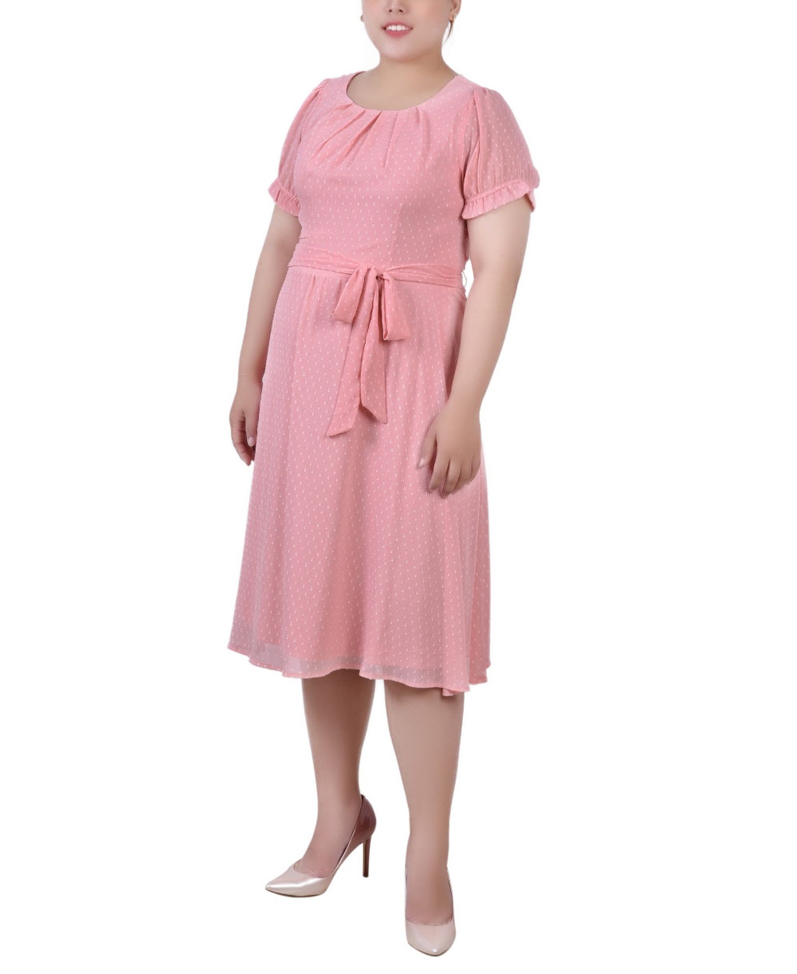 NY Collection Plus Size Short Sleeve Belted Swiss Dot Dress