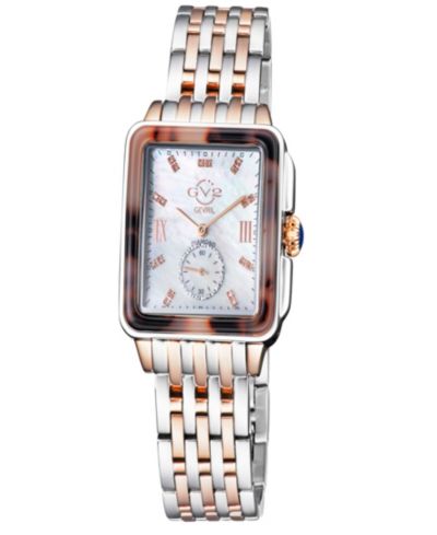 GV2 by Gevril Women's Bari Tortoise Swiss Quartz Two tone IPRG/SS Stainless Steel Bracelet Diamond Watch