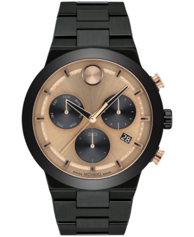 Мужские часы Movado Bold Fusion Swiss Quartz Chronograph Ionic Plated Black Steel Bracelet 44mm