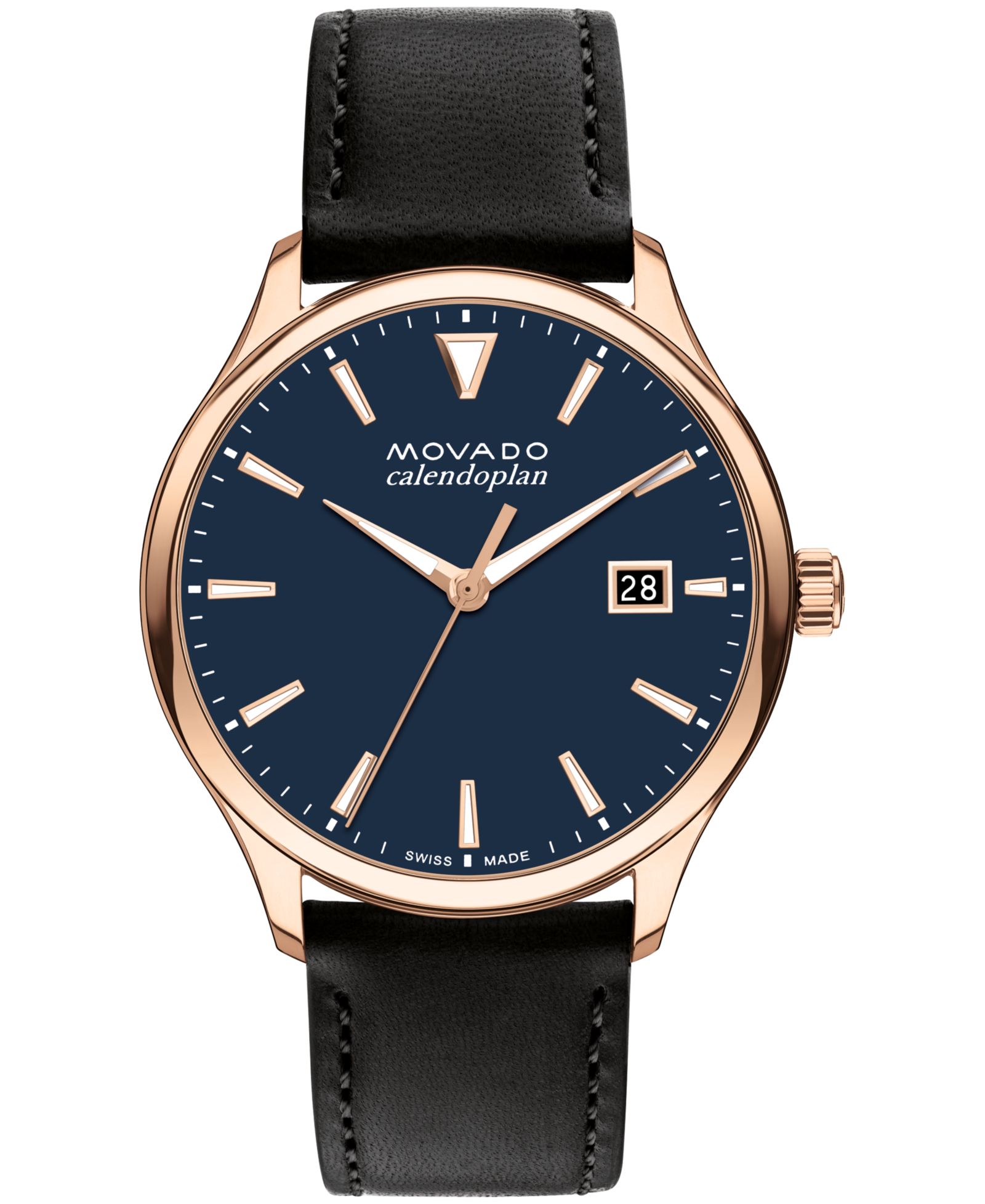 Movado Men's Heritage Calendoplan Swiss Quartz Black Genuine Leather Strap Watch 40mm