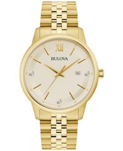 Bulova Мужские классические часы с бриллиантовым акцентом, золотистая нержавеющая сталь, 41mm