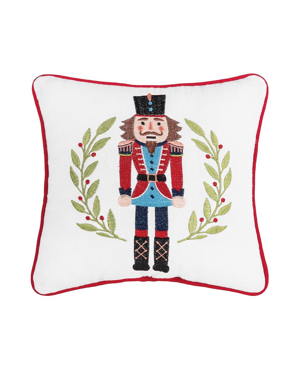 Nutcracker Wreath 100% Cotton Embroidered Accent Pillow 10" x 10"